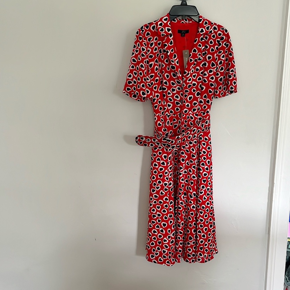 J. Crew Red Midi Wrap Dress with Black and White Spot Print
